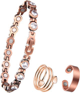 MagEnergy Copper Magnetic Bracelet and Rings for Women, Magnetic Bracelet & Rings with 3500 Gauss Magnets,Adjustable Link Bracelet Copper Ring Jewelry Gifts with Sizing Tool
