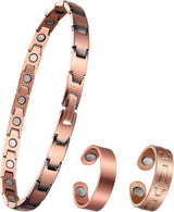 MagEnergy Copper Magnetic Bracelet and Rings for Women, Magnetic Bracelet & Rings with 3500 Gauss Magnets,Adjustable Link Bracelet Copper Ring Jewelry Gifts with Sizing Tool