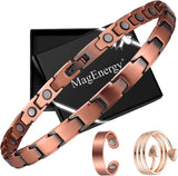 MagEnergy Copper Magnetic Bracelet and Rings for Women, Magnetic Bracelet & Rings with 3500 Gauss Magnets,Adjustable Link Bracelet Copper Ring Jewelry Gifts with Sizing Tool