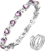 MagEnergy Lymphatic Drainage Magnetic Bracelets for Women Titanium Steel Magnetic Wristbands with Elegant Love Heart Shape Design, Lovely Gift Box with an Adjustment Tool(Heart Purple)