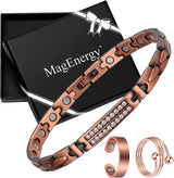 MagEnergy Copper Magnetic Bracelet and Rings for Women, Magnetic Bracelet & Rings with 3500 Gauss Magnets,Adjustable Link Bracelet Copper Ring Jewelry Gifts with Sizing Tool