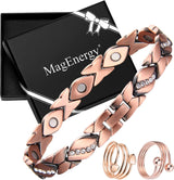 MagEnergy Copper Magnetic Bracelet and Rings for Women, Magnetic Bracelet & Rings with 3500 Gauss Magnets,Adjustable Link Bracelet Copper Ring Jewelry Gifts with Sizing Tool