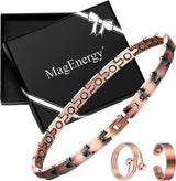 MagEnergy Copper Magnetic Bracelet and Rings for Women, Magnetic Bracelet & Rings with 3500 Gauss Magnets,Adjustable Link Bracelet Copper Ring Jewelry Gifts with Sizing Tool