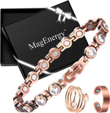 MagEnergy Copper Magnetic Bracelet and Rings for Women, Magnetic Bracelet & Rings with 3500 Gauss Magnets,Adjustable Link Bracelet Copper Ring Jewelry Gifts with Sizing Tool