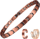 MagEnergy Copper Magnetic Bracelet and Rings for Women, Magnetic Bracelet & Rings with 3500 Gauss Magnets,Adjustable Link Bracelet Copper Ring Jewelry Gifts with Sizing Tool