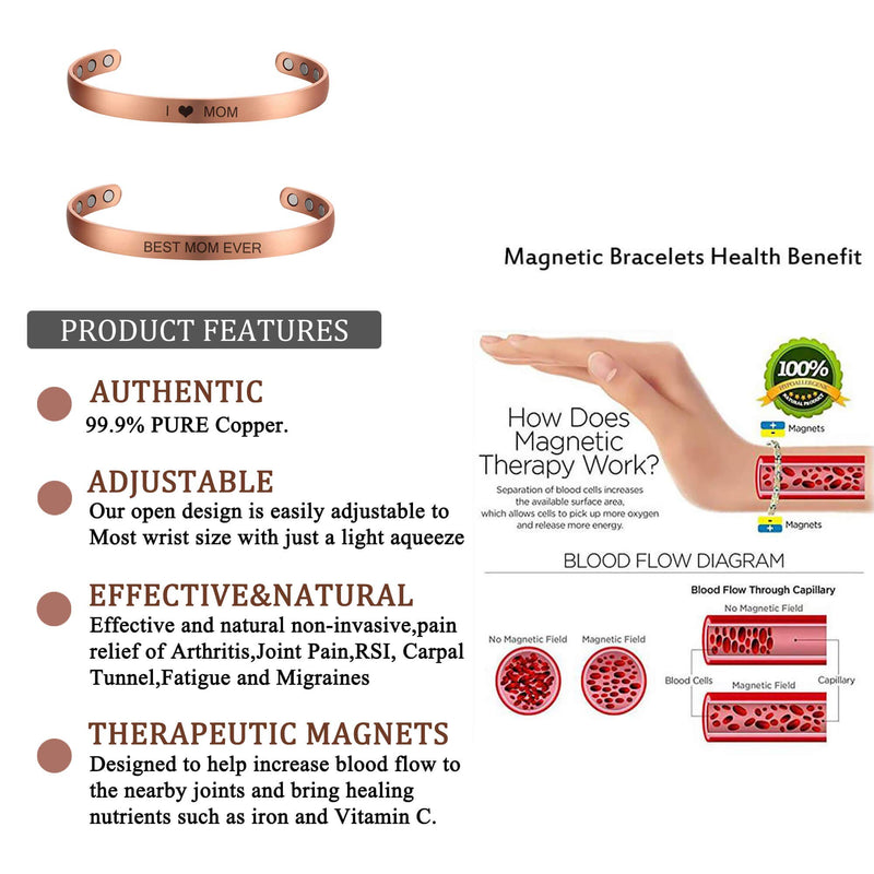 MagEnergy Magnetic Copper Bracelet for Women for Mom Gift 6.8inches Adjustable-2PCK