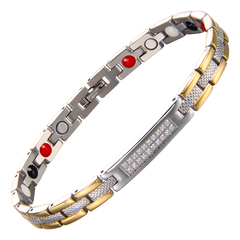 Elegant Two - Tone Stainless Steel Magnetic Therapy Bracelet with Gem Accents for Women