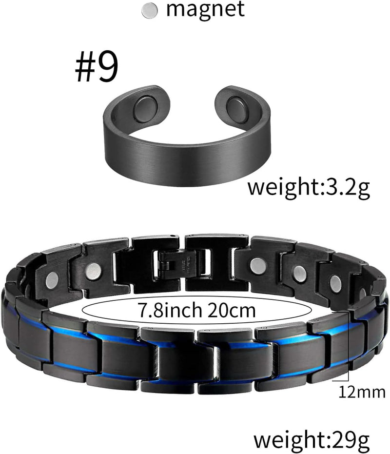 MagEnergy Magnetic Titanium Steel Bracelet and Copper Rings for Men for Arthritis and Pain Relief Carpal Tunnel,Adjustable Jewelry Gift(Set of 3)