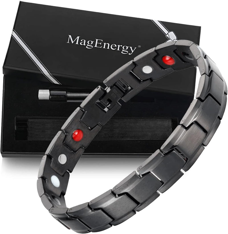 MagEnergy Magnetic Titanium Steel Bracelet and Copper Rings for Men for Arthritis and Pain Relief Carpal Tunnel,Adjustable Jewelry Gift(Set of 3)