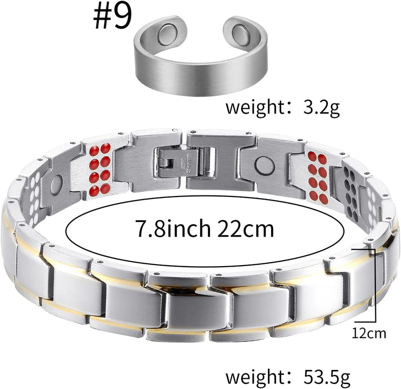 MagEnergy Magnetic Titanium Steel Bracelet and Copper Rings for Men for Arthritis and Pain Relief Carpal Tunnel,Adjustable Jewelry Gift(Set of 3)