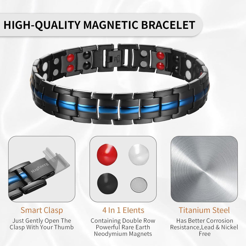 MagEnergy Titanium Steel Magnetic Bracelets for Men,4 Element Double Row Ultra Strength Magnets Wristband Magnetic Brazaletes with Adjustable Links Removal Tool & Jewelry Gift Box (Black)