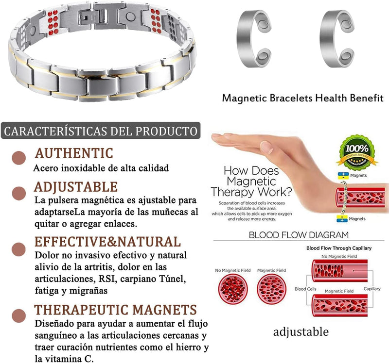 MagEnergy Magnetic Titanium Steel Bracelet and Copper Rings for Men for Arthritis and Pain Relief Carpal Tunnel,Adjustable Jewelry Gift(Set of 3)