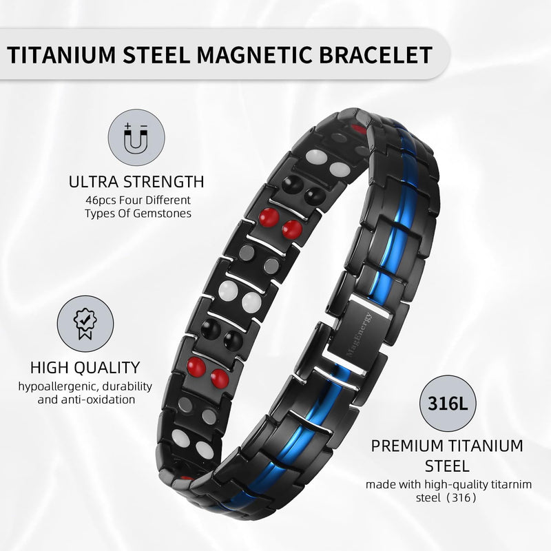 MagEnergy Titanium Steel Magnetic Bracelets for Men,4 Element Double Row Ultra Strength Magnets Wristband Magnetic Brazaletes with Adjustable Links Removal Tool & Jewelry Gift Box (Black)