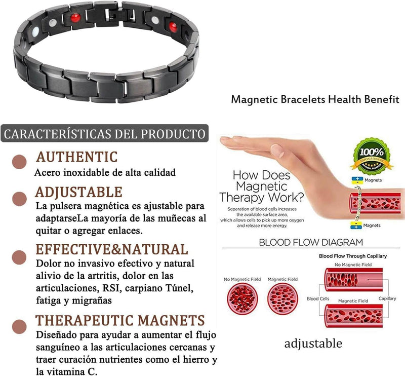 MagEnergy Magnetic Titanium Steel Bracelet and Copper Rings for Men for Arthritis and Pain Relief Carpal Tunnel,Adjustable Jewelry Gift(Set of 3)