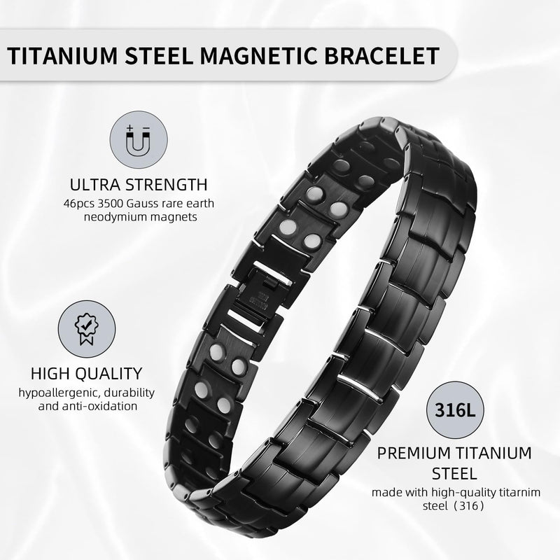 MagEnergy Titanium Steel Magnetic Bracelets for Men,4 Element Double Row Ultra Strength Magnets Wristband Magnetic Brazaletes with Adjustable Links Removal Tool & Jewelry Gift Box (Black)