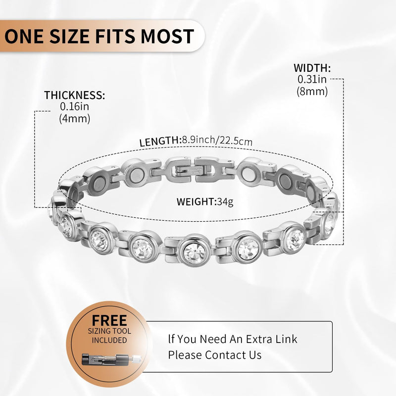 MagEnergy Titanium Steel Bracelets Crystal Magnetic Bracelet for Women Mom Mother Thanksgiving Day Christmas Gift (Silver)