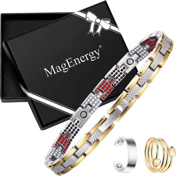 MagEnergy Titanium Bracelet with 4 Elements(276pcs) and Copper Rings for Women w Nice Gift Box, Magnet Bracelet for Women, 7.5" Adjustable Mother's Day Valentine's Day Gifts(Set of 3)