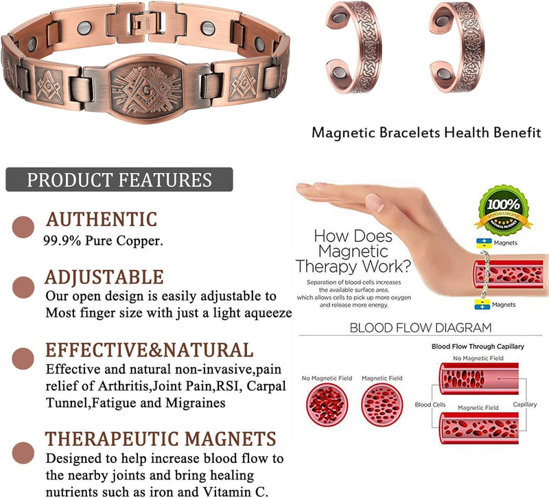 MagEnergy Copper Bracelet for Men for Joint Pain 99.9% Pure Copper Magnetic Bracelet Adjustable Jewelry Gifts with Sizing Tool