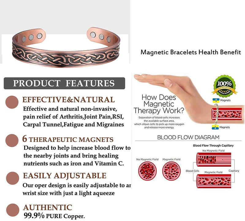 Womens Pure Copper Magnetic Healing Bracelet for Arthritis Carpal Tunnel  and Joint Pain Relief Adjustable Rope Inlay Style - Earth Therapy Reddish  Brown