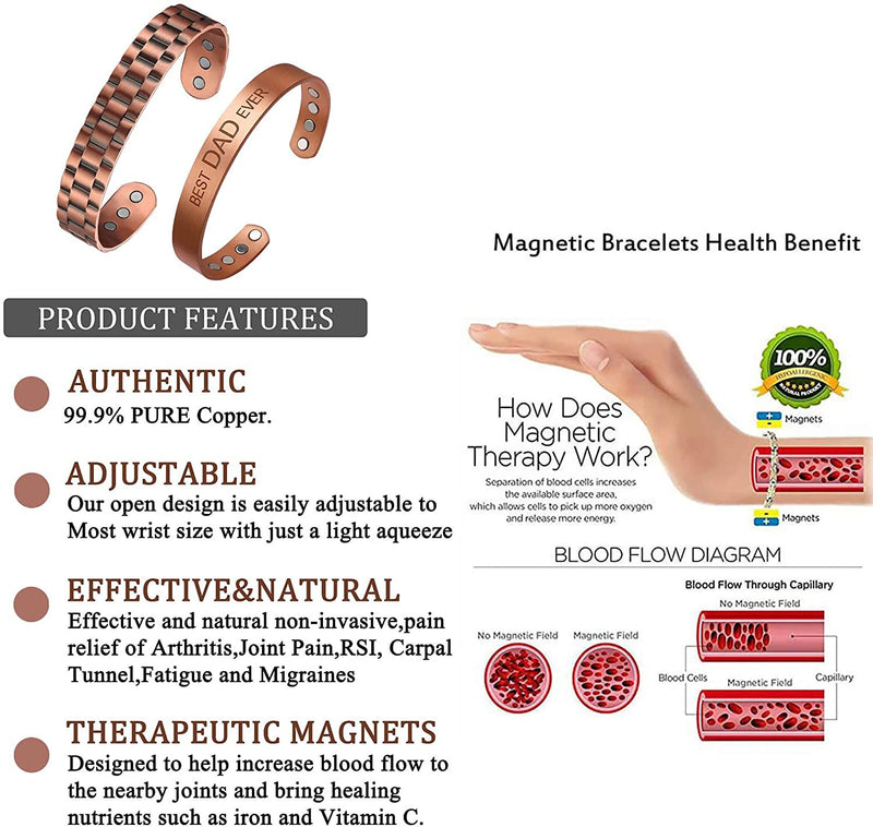 MagEnergy Magnetic Copper Bracelet for Men for Dad Arthritis Pain Relief-7.4inches Adjustable Cuff Bracelet 2PCK